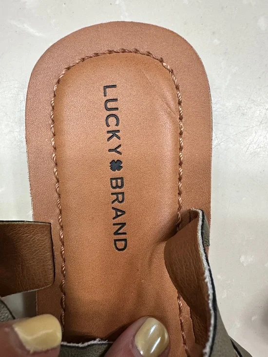 Lucky Brand Olive Strappy Flat Sandals with Tan Footbed - Picture 2 of 6